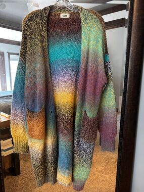 Multicolor Gradient Open-Front Knit Cardigan - Teal, Purple & Gold